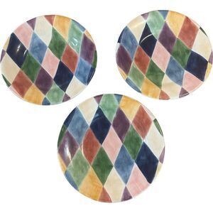 3 Tabletops Unlimited Carnival Hand Painted Colorful Diamonds 8.5" Salad Plates